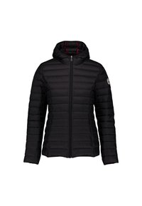 Schwarze gesteppte Steppjacke mit Kapuze, Reißverschluss vorne und Logoaufnäher am linken Ärmel.