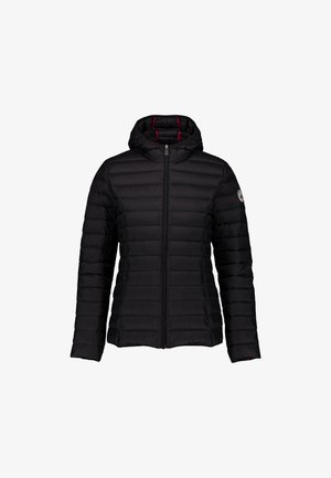 Chaqueta acolchada negra con capucha, cremallera frontal y parche con logo en la manga izquierda.