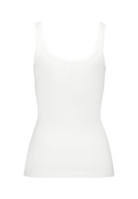 Top a maniche corte bianco realizzato in tessuto morbido e elasticizzato. Presenta un collo rotondo e una silhouette aderente, leggermente curvata.