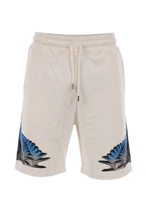 Beige shorts med snøre og elastisk talje, med blå og sorte fjervingedesign på den nederste ydre side af hvert ben.