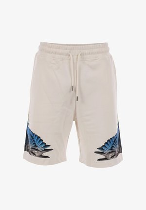 Beige short met trekkoord en elastische taille, met blauwe en zwarte veervleugelontwerpen aan de onderzijdes van beide pijpen.