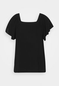 Top nero con scollatura quadrata e maniche corte a volant raccolte, realizzato in tessuto leggero, con un taglio rilassato e una consistenza liscia.