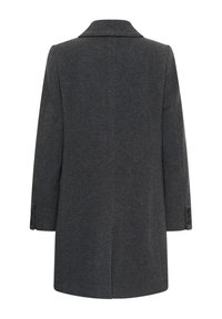 Manteau long en laine gris foncé avec col à revers, manches longues, fente dans le dos et boutons aux poignets des manches, vu de dos.
