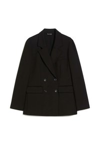 Blazer nero doppiopetto con rever a punta, due tasche frontali e quattro bottoni di chiusura. Tessuto liscio con una vestibilità sartoriale.