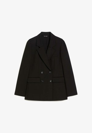 Blazer nero doppiopetto con rever a punta, due tasche frontali e quattro bottoni di chiusura. Tessuto liscio con una vestibilità sartoriale.