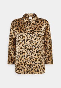 Chemise en satin à imprimé léopard avec col, manches longues et fermeture par boutons. Les couleurs incluent le doré, le noir et le marron. Texture lisse.