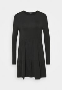 Svart kjol med lång ärm och rund halsringning, med en lager-på-lager kjol, gjord av mjukt material, med en slät textur och enkel design.