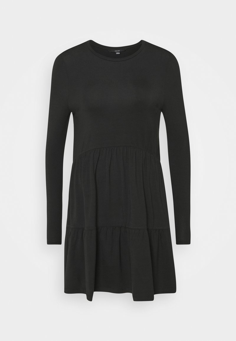 Svart kjol med lång ärm och rund halsringning, med en lager-på-lager kjol, gjord av mjukt material, med en slät textur och enkel design.