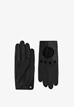 Schwarze Handschuhe aus weichem Material, mit einem Ausschnitt auf einer Seite, einer strukturierten Handfläche und vier runden Belüftungsöffnungen.