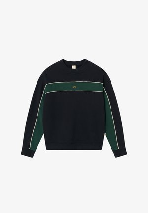 Kék pulóver zöld vízszintes csíkkal, fehér díszítéssel, bordázott karkivágókkal és gallérral; középen arany logó található a mellrészen.