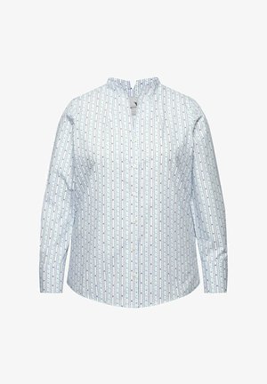 Hvid skjorte med knapkrave, der har lodrette blå striber og små blomsterprints. Lange ærmer med knapmanchetter.