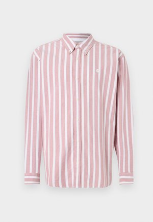 Rózsaszín-fehér csíkos gombos ing. Gallérral, hosszú ujjal és kis logóval rendelkezik. Szövött szövetből készült.