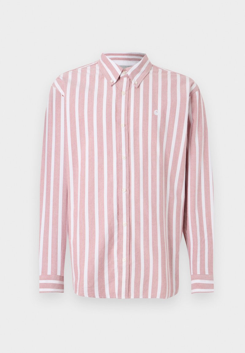 Chemise à boutons rayée rose et blanche. Comprend un col, des manches longues et un petit logo. Fabriquée en tissu tissé.