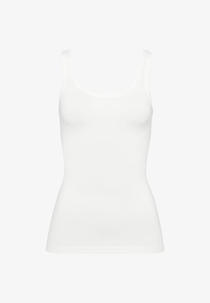 Hvid ærmeløs tanktop med rund halsudskæring, lavet af glat stof, med en tætsiddende pasform og uden synlige mønstre eller detaljer.