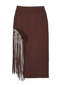 Brauer Rock aus weichem Stoff mit asymmetrischem Design, das auf einer Seite lange, gewebte Fransen und eine taillierte Silhouette aufweist.