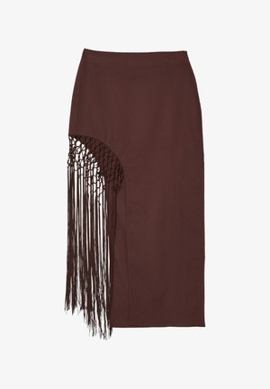 Brauer Rock aus weichem Stoff mit asymmetrischem Design, das auf einer Seite lange, gewebte Fransen und eine taillierte Silhouette aufweist.