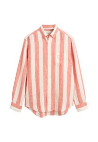 Košile s knoflíky v červenobílém pruhu, vyrobená z lněné tkaniny. Disponuje dlouhými rukávy, náprsní kapsou a zaobleným lemem.