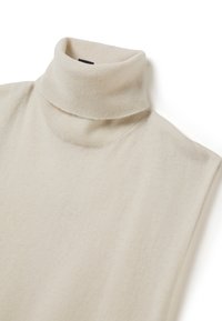 Beige Rollkragenpullover aus weichem Material, mit hohem Kragen und kurzen Ärmeln, der eine glatte, gleichmäßige Textur aufweist.
