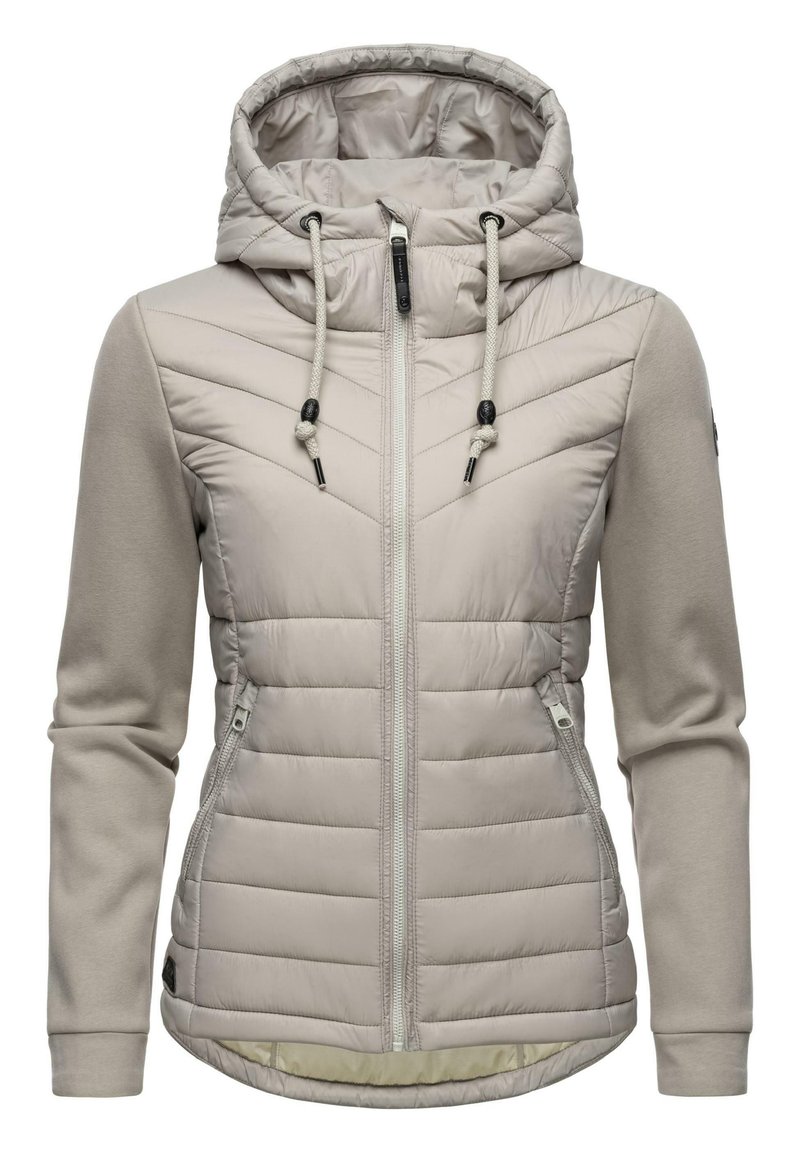 Lys beige pufferjakke med hætte, med quiltet forstykke, glatte ærmer, lynlåslommer og snoretræk.}}