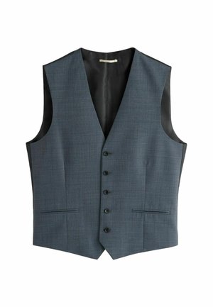 Männer maßgeschneiderte graue Weste mit fünf Knöpfen, zwei vorderen Taschen und einem V-förmigen Kragen, flach auf weißem Hintergrund gezeigt.