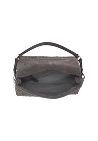 Graue Wildleder-Schultertasche mit gewobener Textur und offenem oberen Teil, der das leere Innenfutter aus dunklem Stoff und einen einzelnen Henkel zeigt.