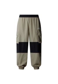 Beżowe i czarne spodnie cargo z elastycznym paskiem w talii i mankietami, bocznymi kieszeniami oraz logo The North Face na prawej udzie.