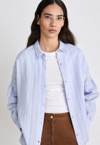 Lichtblauw gestreefd shirt met een knoopsluiting, kraag en lange mouwen, gedragen over een wit shirt en gecombineerd met bruine broeken.