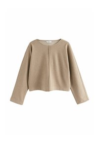 Beżowy sweter o kroju cropped, wykonany z miękkiego materiału, z okrągłym dekoltem, długimi rękawami oraz centralnym szwem na przedzie.