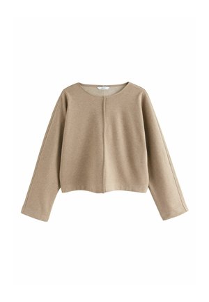 Beige verkürzter Pullover aus weichem Material mit Rundhalsausschnitt, langen Ärmeln und einer Mittelnaht auf der Vorderseite.