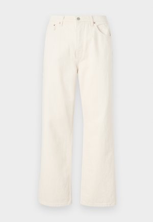 Kremaste široke jeans hlače iz denima, ki imajo standardno pet žepov in kovinsko zapiranje na pasu.