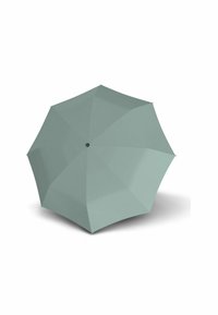 Hellgrüner Regenschirm mit achteckigem Schirmdach, glatter Textur und zentralem schwarzem Knopf. Entworfen für kompakte Nutzung und Schutz vor Regen.