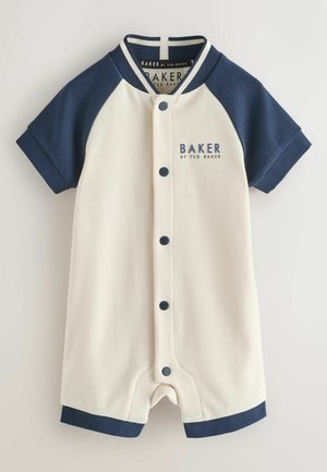 Tutina per neonati a maniche corte con maniche blu scuro, corpo crema, bottoni a pressione blu scuro e scritta "BAKER by Ted Baker" sul petto.