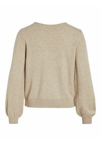 Beiger Pullover mit rundem Halsausschnitt, gerippten Bündchen und Saum sowie puffigen Ärmeln. Hergestellt aus weichem, strukturiertem Material mit einem subtilen Strickmuster.