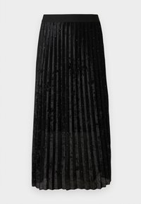 Zwarte geplooide rok van velours, met een gestructureerde afwerking en sprankelende versieringen die gelijkmatig over de stof zijn verdeeld.