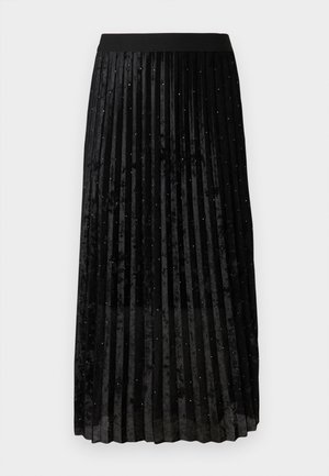 Must mustripsiriga mustast sametist, millel on tekstuuriga viimistlus ja säravad kaunistused, mis on ühtlaselt jaotatud kangale.