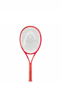 Raqueta de tenis roja con una cabeza ovalada amplia, cuerdas negras y un mango de agarre texturizado. El marco presenta un acabado suave y un diseño aerodinámico.