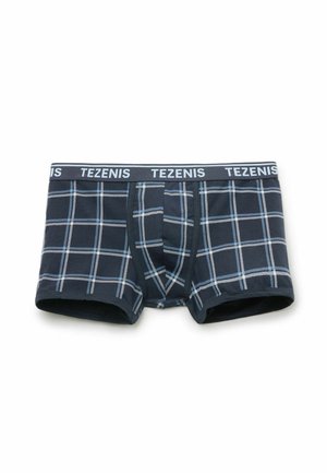 Męskie bokserki w granatową kratę z elastycznym paskiem z logo "TEZENIS" białymi literami.