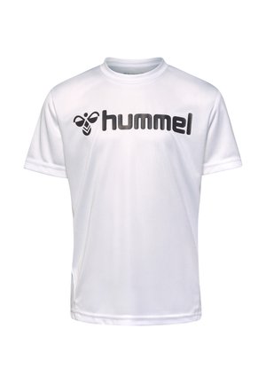 Weißes T-Shirt mit kurzen Ärmeln aus leichtem Material, das ein schwarzes "hummel"-Logo und eine Bienengrafik auf der Vorderseite zeigt. Glatte Textur.