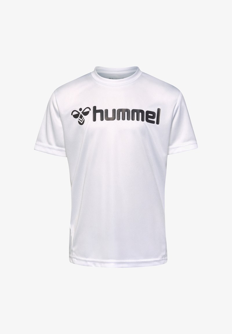 Weißes T-Shirt mit kurzen Ärmeln aus leichtem Material, das ein schwarzes "hummel"-Logo und eine Bienengrafik auf der Vorderseite zeigt. Glatte Textur.