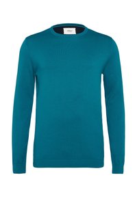 Turquoise crewneck trui, lichtgewicht breiwerk, lange mouwen, geribbelde manchetten en zoom, met een subtiele logo op de voorkant aan de linkerkant.