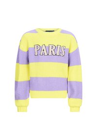 Maglione lavorato a maglia con audaci strisce orizzontali gialle e lavanda, con "PARIS" ricamato sul davanti in colori a contrasto.