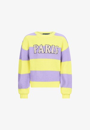 Gestrickter Pullover mit kräftigen gelben und lavendelfarbenen horizontalen Streifen, mit dem auf der Vorderseite gestickten Wort "PARIS" in kontrastierenden Farben.