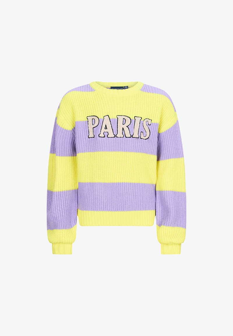 Maglione lavorato a maglia con audaci strisce orizzontali gialle e lavanda, con "PARIS" ricamato sul davanti in colori a contrasto.