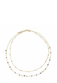 Złocona, podwójna naszyjnik z kolorowymi koralikami w różnych kształtach, w tym okrągłymi i fasetowanymi, z delikatnym wzorem łańcuszka.