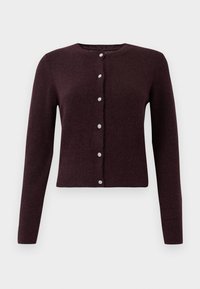 Cardigan tricoté bordeaux avec un col rond, fermeture à boutons à l'avant avec six boutons transparents et manches longues. Texture douce.