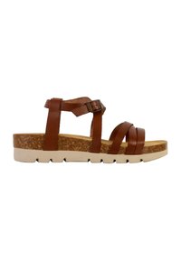 Sandal in pelle marrone con più cinghie, fibbia regolabile e una base in sughero. Presenta una suola di colore chiaro e texturizzata per una buona aderenza.