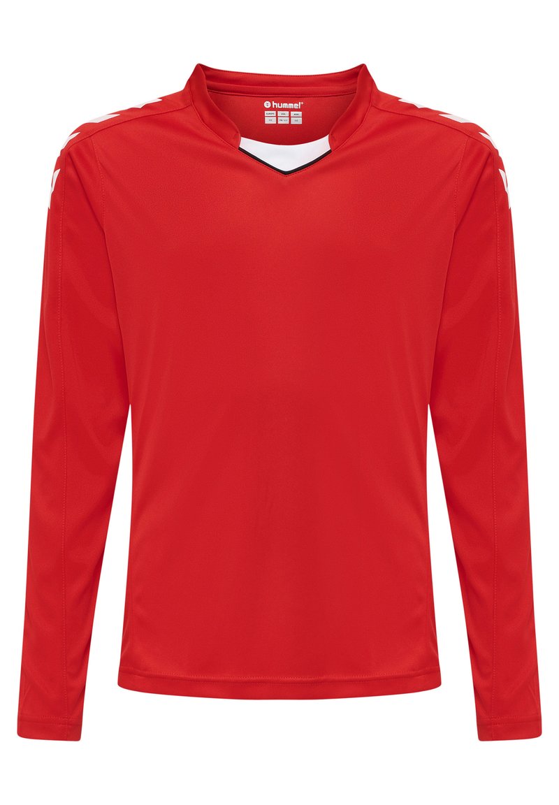 Rød langærmet sportsbluse med V-hals, med hvide detaljer og Hummel-branding. Fremstillet af glat, letvægtsstof.
