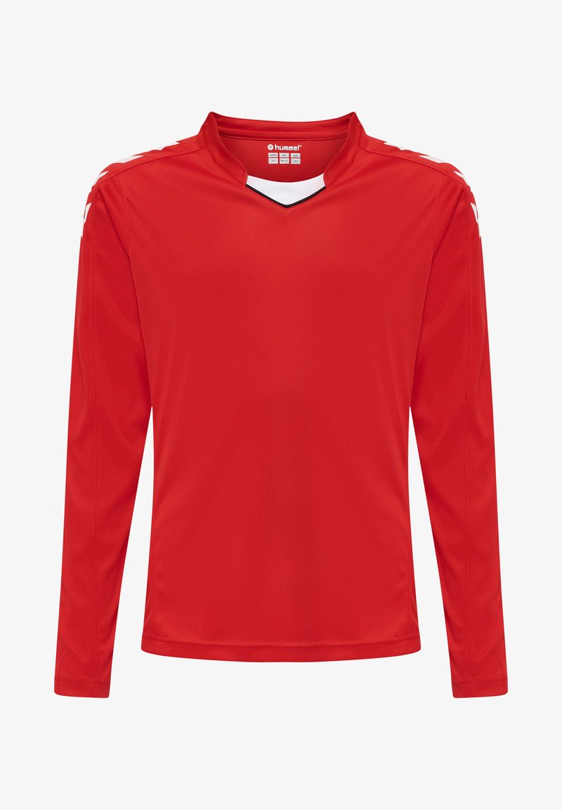 Rotes Langarm-Sportshirt mit V-Ausschnitt, versehen mit weißen Akzenten und Hummel-Branding. Hergestellt aus glattem, leichtem Stoff.