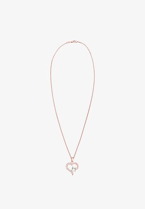 Collier en or rose avec un pendentif en forme de cœur, mettant en avant de petites pierres précieuses transparentes et un accent avec un cristal plus grand. Design de chaîne délicat.