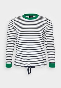 Camicia a maniche lunghe a righe in bianco e blu navy con colletto verde. Presenta un nodo all'orlo e polsini verdi a contrasto. Tessuto liscio.